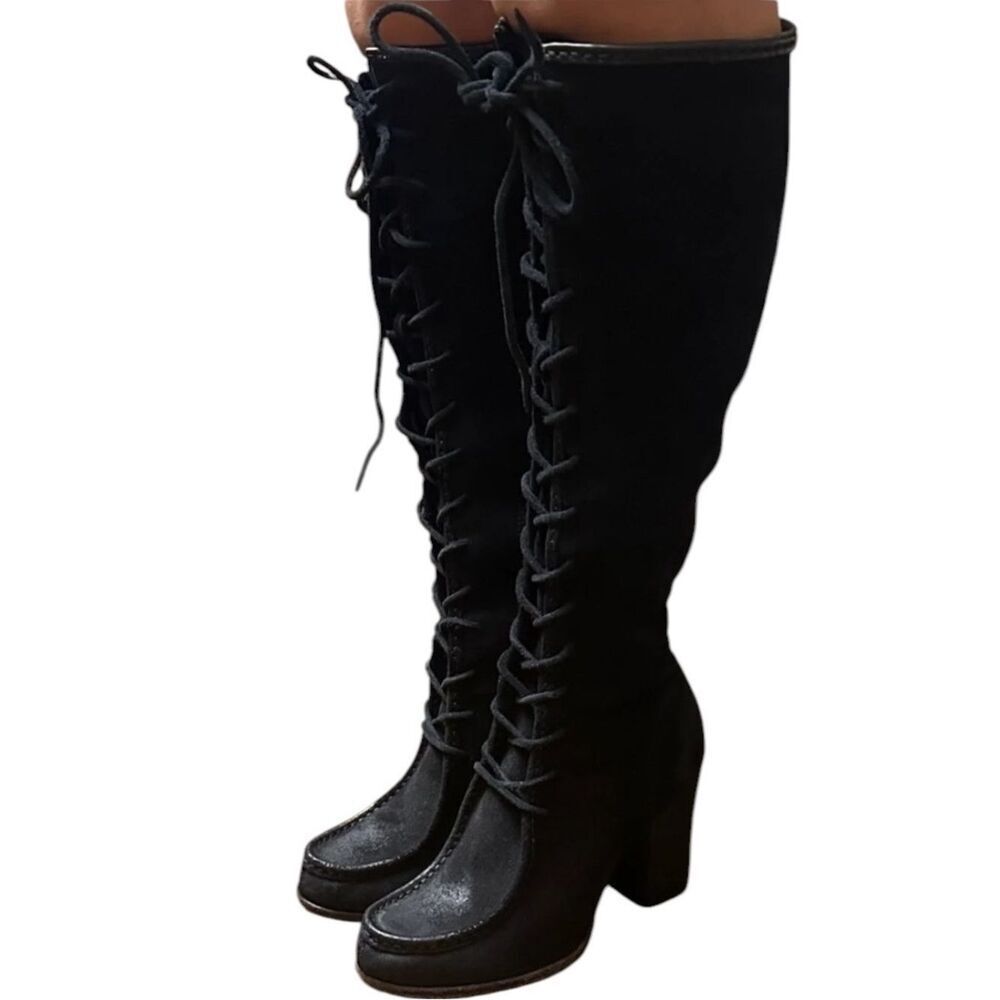 FRYE PARKER MOCCASIN LACE UP KNEE HIGH ZIPPER Black Suede RARE 8